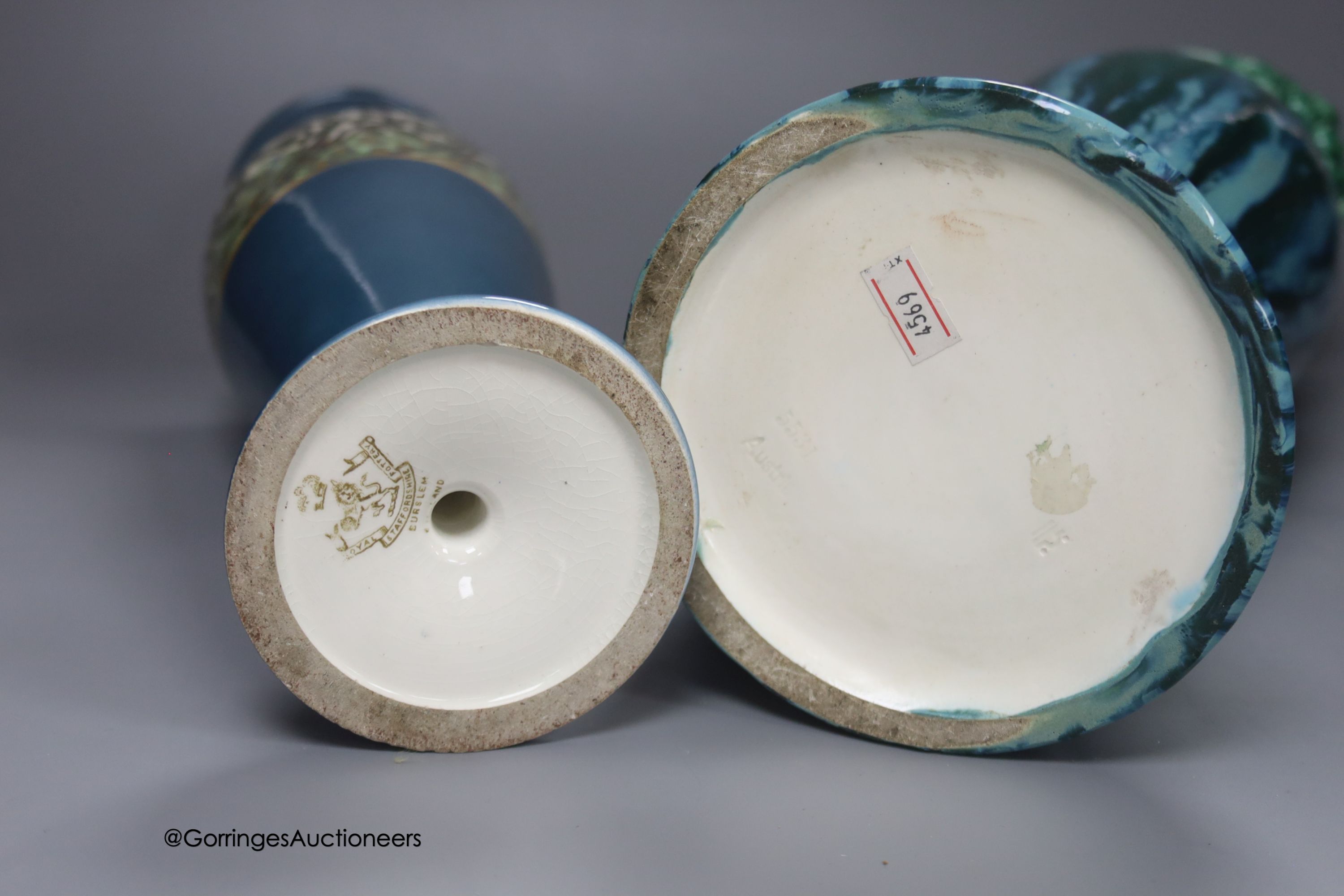 A Royal Staffordshire pottery peacock vase, height 38cm and an Austrian Julius Dressler earthenware ewer with green glaze effects